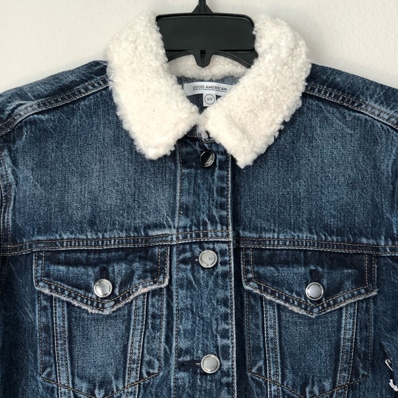 NWT Good American Trucker Boyfriend Denim Sherpa Button Down Jacket size 00/ XS - Picture 7 of 16